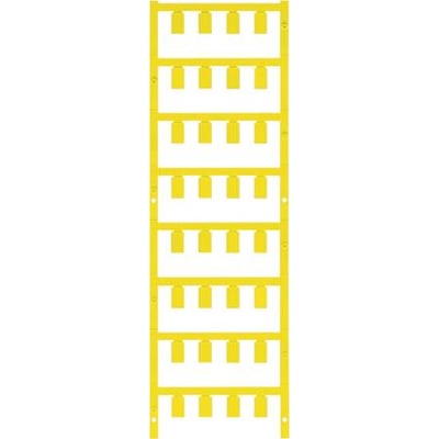 Weidmüller SlimFix ledningsmærker i gul farve, monteret på række og klar til brug på hvid baggrund.