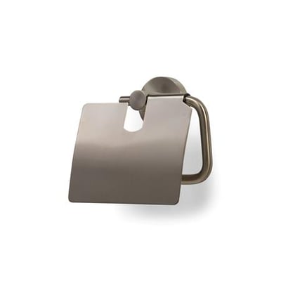 Elegant toiletrulleholder med låg i børstet nikkel finish og et moderne, stilrent design.