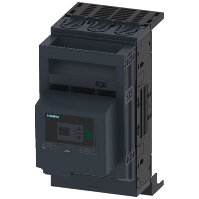 Siemens SENTRON sikringsafbryder 3NP1, 3-polet NH00, 160A, vist fra siden med fokus på det digitale display og monteringsbeslag.
