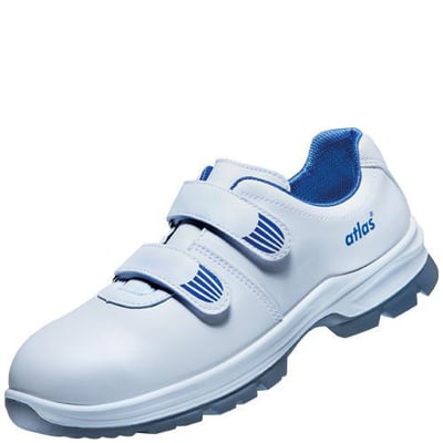 Atlas CL 400 2.0 ESD sikkerhedssko i hvid med blå detaljer og velcro lukning, størrelse 43.