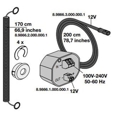Illustration af Laufen LIS elektronisk kontrol med dimensioner og tilslutningsdetaljer. Viser 100V-240V input og 12V output.
