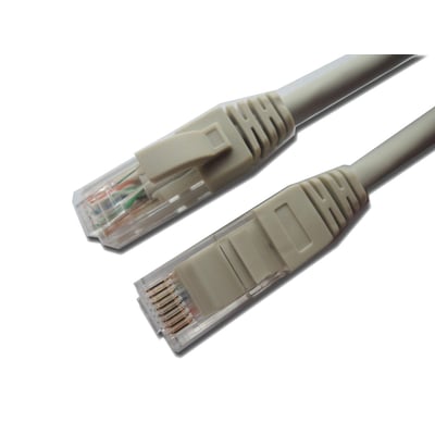 Unite Patchkabel Kat 6A UTP, 3m, grå LSZH med synlige RJ45 stik og farvede ledere på hvid baggrund.