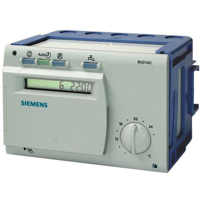 Siemens RVD140-A fjernvarme regulator med digitalt display og drejeknap til temperaturindstilling på hvid og blå enhed.