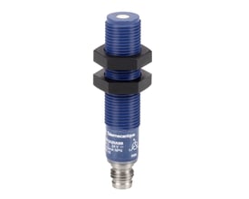Schneider Electric M12 ultralydsensor med blå hus, M8 stik og fast sensing distance på 0,1m.