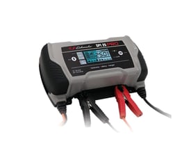 Schumacher Electric SPI 25 PRO batterilader, 12/24V, 25/12.5A vist med 25A opladning, forresten set med røde og sorte klemmer monteret.