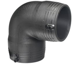 Georg Fischer Elgef Plus 90° svejsevinkel til 20 mm rør, fremstillet i sort PE100 materiale med SDR11 og PN16, vist uden spændebånd.