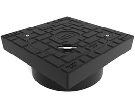 NID karm/dæksel, firkantet, 315 x 160 mm, med integreret lås og kompressionstilslutning, vist fra en skrå vinkel på en hvid baggrund.