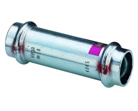 Viega Prestabo skydemuffe i forzinket stål med 28 mm dimension, visende Viega logo og rød spraymaling på enderne.