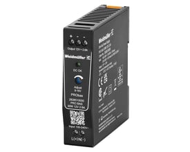 Weidmüller strømforsyning 30W 12V 2.6A PRObas model, vist fra siden med detaljeret mærkning og køleribber.