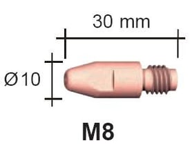 Målskitse af Abicor Binzel strømdyse M8x30 i CuCrZr med 1,4 mm hul, der viser 30 mm længde, Ø10 mm og M8-gevind.