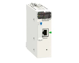 Schneider Electric Modicon X80 Peripheral Remote IO Adaptor modul med Ethernet-port og statusindikatorer.