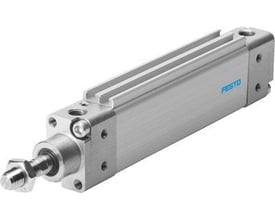 Festo flad cylinder DZH-25-200-PPV-A i aluminium med synlig stempelstang og møtrik, placeret på hvid baggrund.