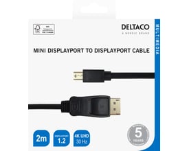 Emballagen viser Deltaco DisplayPort til miniDisplayPort-kabel i sort med begge stik samt oplysninger om 2 meter og 4K.