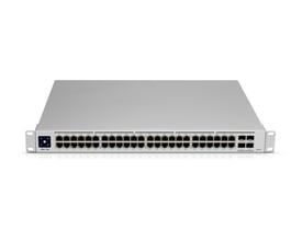 Ubiquiti UniFi Switch PRO 48 i sølv set forfra med 48 netværksporte og fire SFP+-porte.