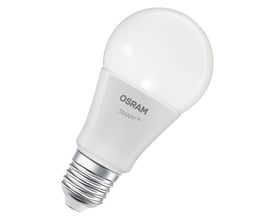 LEDVANCE SMART+ Matter LED-pære på 9 W med E27-sokkel, hvid kuppel og synligt OSRAM SMART+-logo.