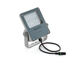 Philips CoreLine Tempo Small BVP111 Gen2-projektør i grå, set skråt forfra med LED-felt, beslag og kabel.
