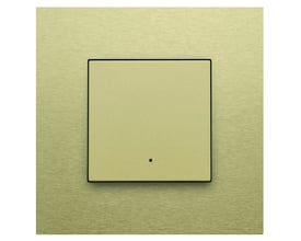 Niko 1-tryk med LED i guld med en sort ramme, viser en central trykflade med en lille prik i midten.