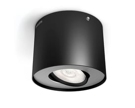 En sort Philips Phase påbygningsspot med indbygget LED, vist isoleret på hvid baggrund.