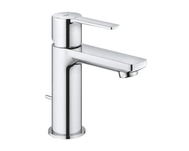 Grohe Lineare etgrebsbatteri til håndvask XS i blank krom, vist frontalt mod en hvid baggrund.
