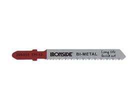 Ironside T118BF-stiksavklinge til metal med sølvfarvet tandet klinge og rødt skaft.