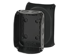 Hensel Kvik Forgreningsdåse KF1000B i sort plast, 180x130 mm, med låg til side og udslagsblanketter for kabler.