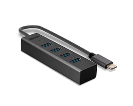 LINDY USB 3.2 Type C hub med 4 USB-A porte i sort plast, med tilhørende USB-C kabel på hvid baggrund.