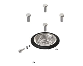 Oversigtsbillede af Danfoss EV220BW 15-50 EPDM reservedelssæt, der viser alle komponenter som membran, fjedre, bolte og tætningsringe.