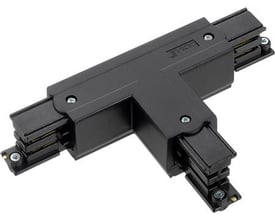 GLOBAL trac pro® 3-faset sort T-stykke venstre udvendigt (XTS39) til strømskinner, med synlige skruer og samlinger.