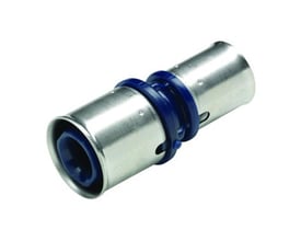 Detaljeret billede af Wavin Tigris K1 reduktionsfitting i rustfrit stål med blå plastring, viser preskoblingerne.