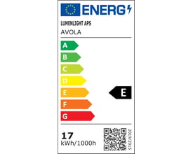 Energimærke for Lumenlight Avola loftslampe, der viser energieffektivitetsklasse E med et forbrug på 17 kWh/1000h.