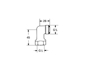 Teknisk tegning af Grohe vinkeltilgang, der viser dimensioner og gevindstørrelser: G 3/4" og G 1/2" samt højden 45mm.