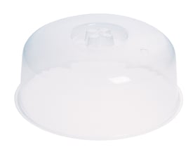 Transparent microovnslåg med en diameter på 23 cm, fremstillet af klar plast og med en ventilationsåbning.