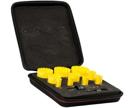 Starrett DC10021 hulsavsæt med 10 dele i en sort kuffert med gul indlæg, der viser hulsave fra Ø20mm til Ø76mm.