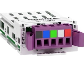 Schneider Electric Kommunikationskort Devicenet, med violette tilslutningsklemmer og mærkat mærket 'DNT'.