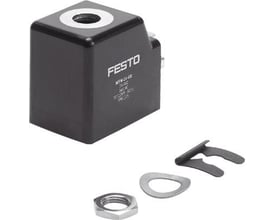 Festo solenoide spole MSW-230AC-OD i sort, vist med tilbehør som møtrik og tandskive.