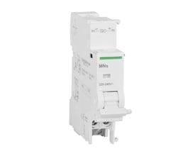 Detaljeret billede af Schneider Electric underspændingsspole MNs med angivelse af 220-240V og tekniske specifikationer.