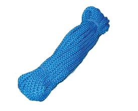 Blå flisefugesnor med en diameter på 5 mm og en længde på 10 meter, bundtet sammen med et gummi-elastik.