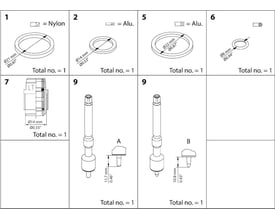 Diagram over reservedele til Danfoss REG 10 vedligeholdelsessæt, der viser kegle A og B, nylon- og aluminiumsringe samt en ventilkomponent.