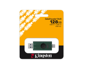Forsiden af emballagen med Kingston DataTraveler DuoG2 USB-nøgle på 128 GB med USB-A og USB-C.