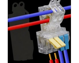 Skrueløs T-samlemuffe med blå og røde ledere indsat, viser den gennemsigtige plastkonstruktion med orange og blå klemmer.