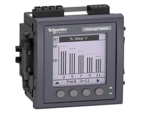 Schneider Electric PM5563 energimåler med eksternt display, monteret på DIN-skinne, viser grafisk analyse af harmoniske.
