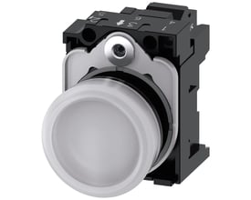 Siemens 22mm rund signallampe i hvid plastik med glat linse, vist med integreret bagmonteret enhed.