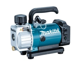 Makita 18V vakuumpumpe DVP180Z i turkis og grå med sort håndtag og sort base, vist fra siden med betjeningsknapper.