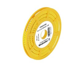 Rulle med gule kabelmarkører fra Weidmüller til ledere på 4–10 mm, med store bogstaver.