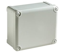 Schneider Electric Thalassa TBP industriel kasse i grå polycarbonat med gråt låg, mål 105x65x55 mm, vist fra siden.