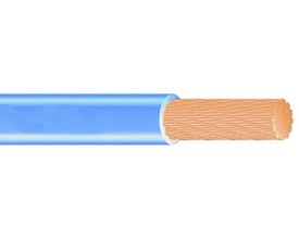 Halogenfri ledning H07Z-K HF 90° med 1x16 mm² tværsnit i lyseblå, viser lederen af fintrådet kobber med isolering.