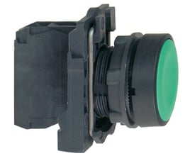 Sidebillede af Schneider Electric Harmony Style 5 trykknap, viser kunststofkonstruktion og gevindtilslutning for montering, Ø 22mm.