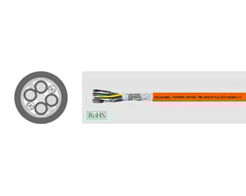 HELUKABEL TOPSERV 119 PVC styrekabel i orange med mærkning, viser tværsnit af 4G6+(2x1)+(2x1,5) kerner og 'RoHS' logo.