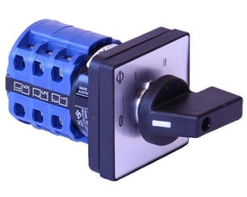 Kraus & Naimer specialomskifter, 20A, med 4 huls frontmontage 48x48 front, CA10 DKC288 E, vist med blå terminaler og sort drejehåndtag.