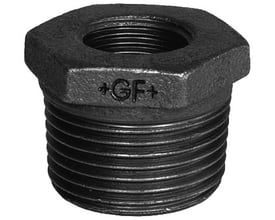 Georg Fischer sort nippelmuffe i støbejern, 1¼" x ⅜", med synligt +GF+ logo og udvendige gevind.